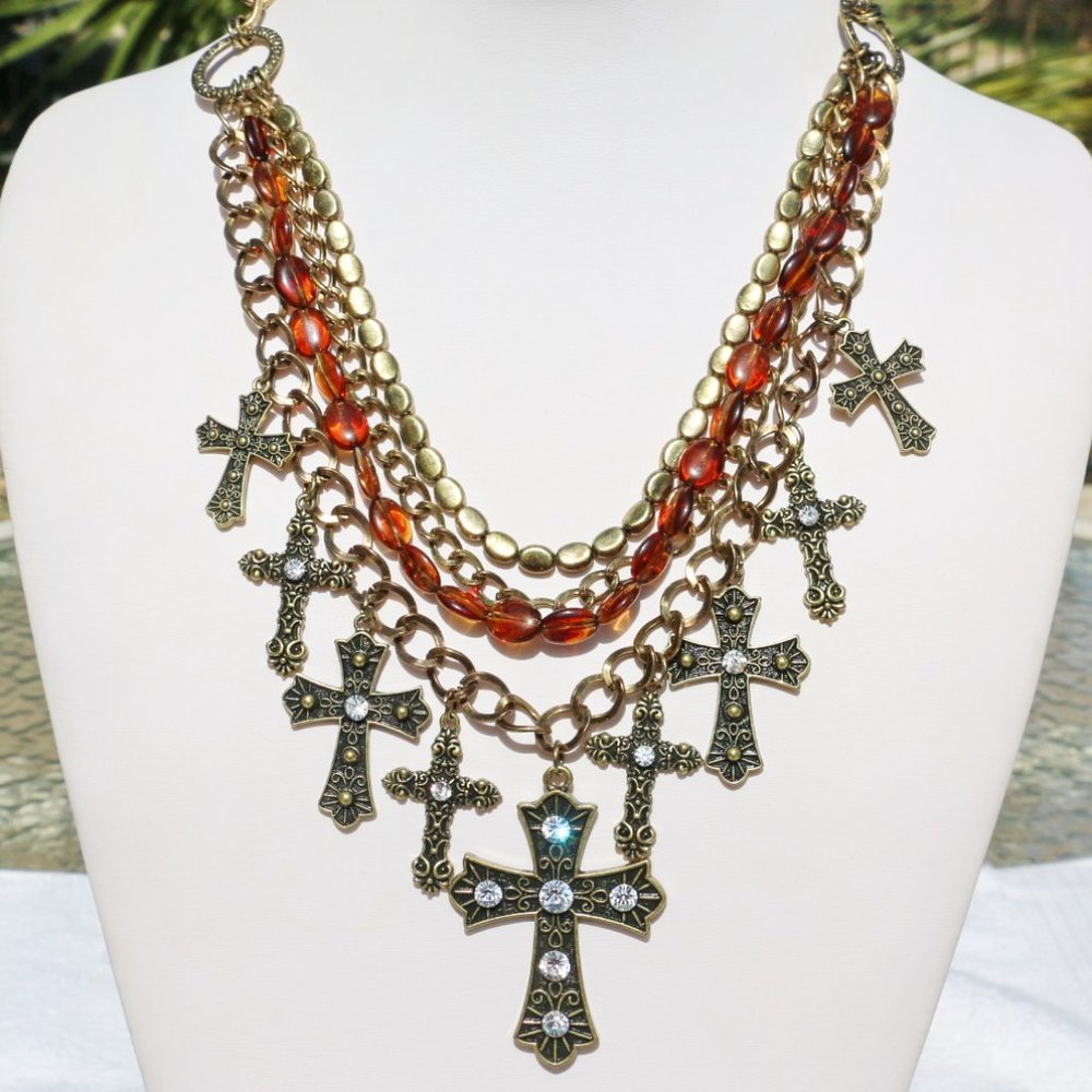 NEW! Chunky Boho Cross Necklace Christian Bead Set